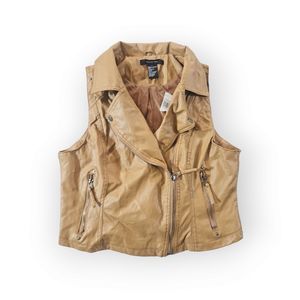 Paper Tree Vest Large Tan Faux Leather Moto Zippered Studded Retro Rock Style